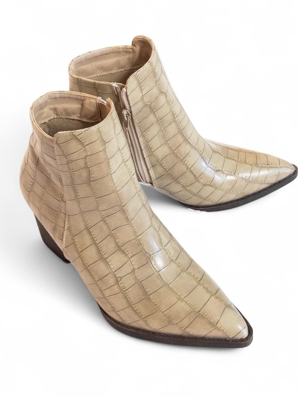 Mata Celeste-4 Tan Croc Embossed Pointed Toe Booties Size 8